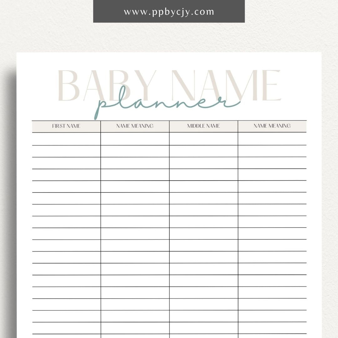 Baby Name Meaning Printable Template – Digital Download for Recording and Displaying the Meanings of Baby Names