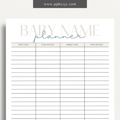 Baby Name Meaning Printable Template – Digital Download for Recording and Displaying the Meanings of Baby Names