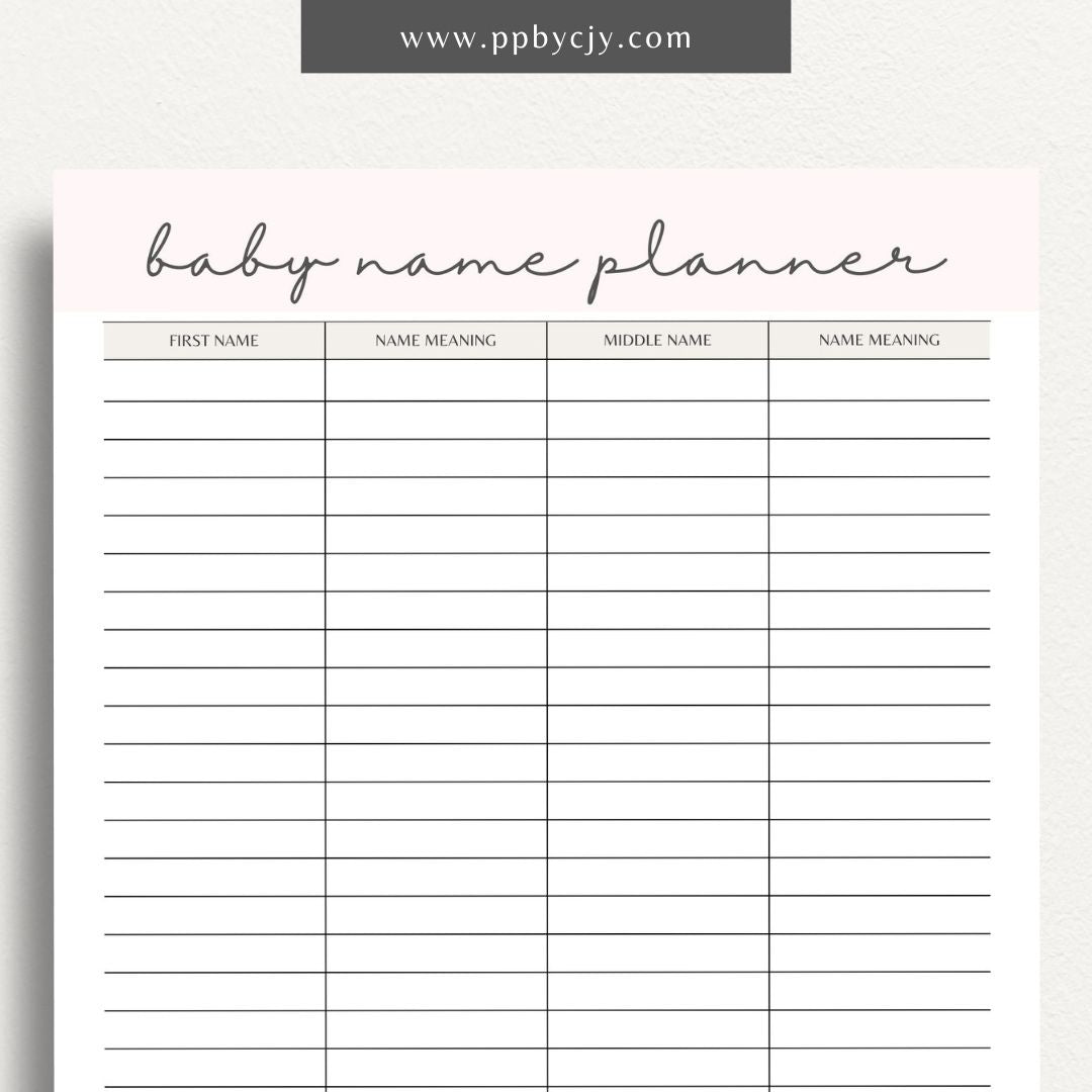 Baby Name Meaning Printable Template – Digital Download for Recording and Displaying the Meanings of Baby Names