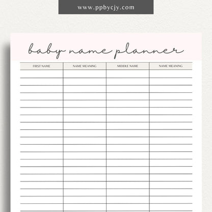 Baby Name Meaning Printable Template – Digital Download for Recording and Displaying the Meanings of Baby Names