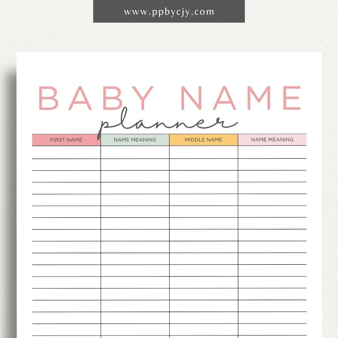 Baby Name Meaning Printable Template – Digital Download for Recording and Displaying the Meanings of Baby Names