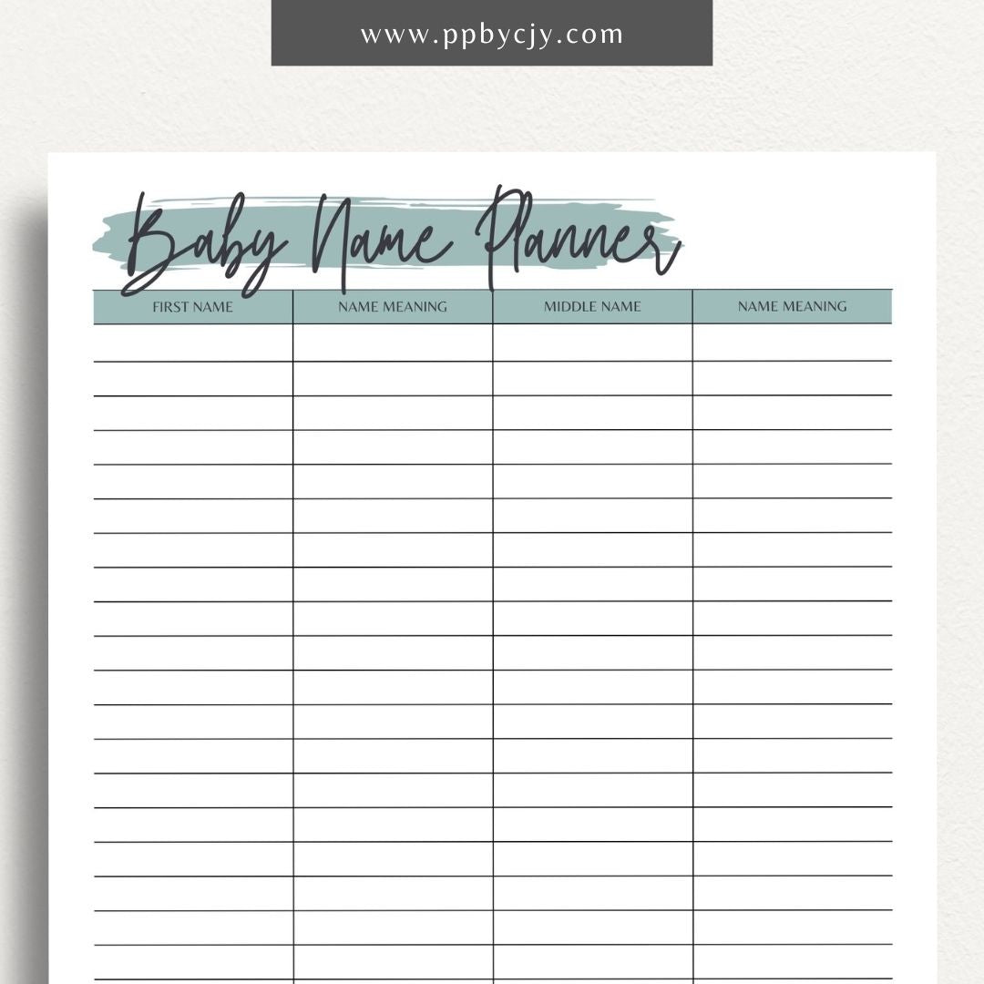Baby Name Meaning Printable Template – Digital Download for Recording and Displaying the Meanings of Baby Names