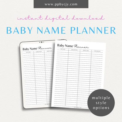 Baby Name Meaning Printable Template – Digital Download for Recording and Displaying the Meanings of Baby Names