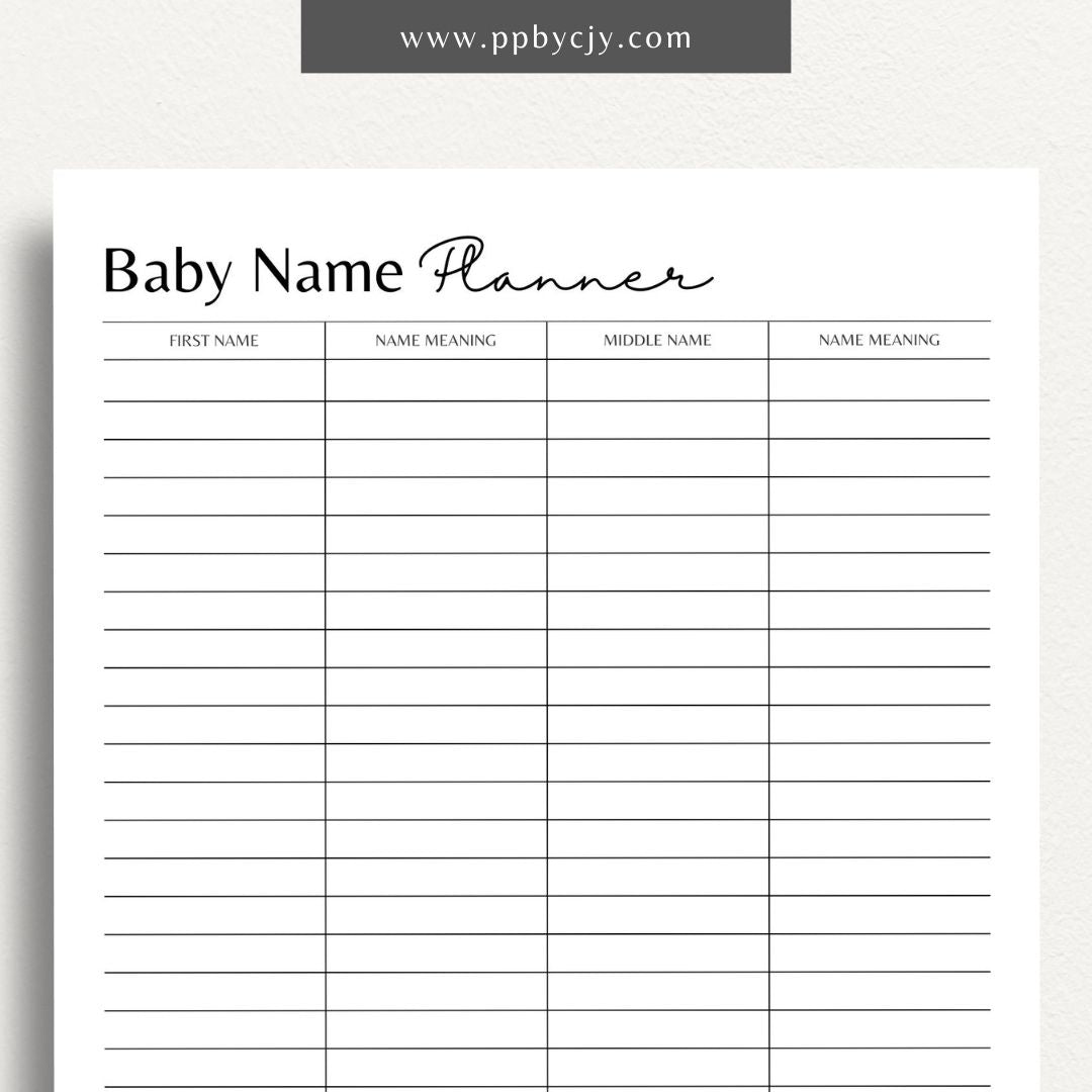 Baby Name Meaning Printable Template – Digital Download for Recording and Displaying the Meanings of Baby Names