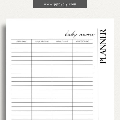 Baby Name Meaning Printable Template – Digital Download for Recording and Displaying the Meanings of Baby Names