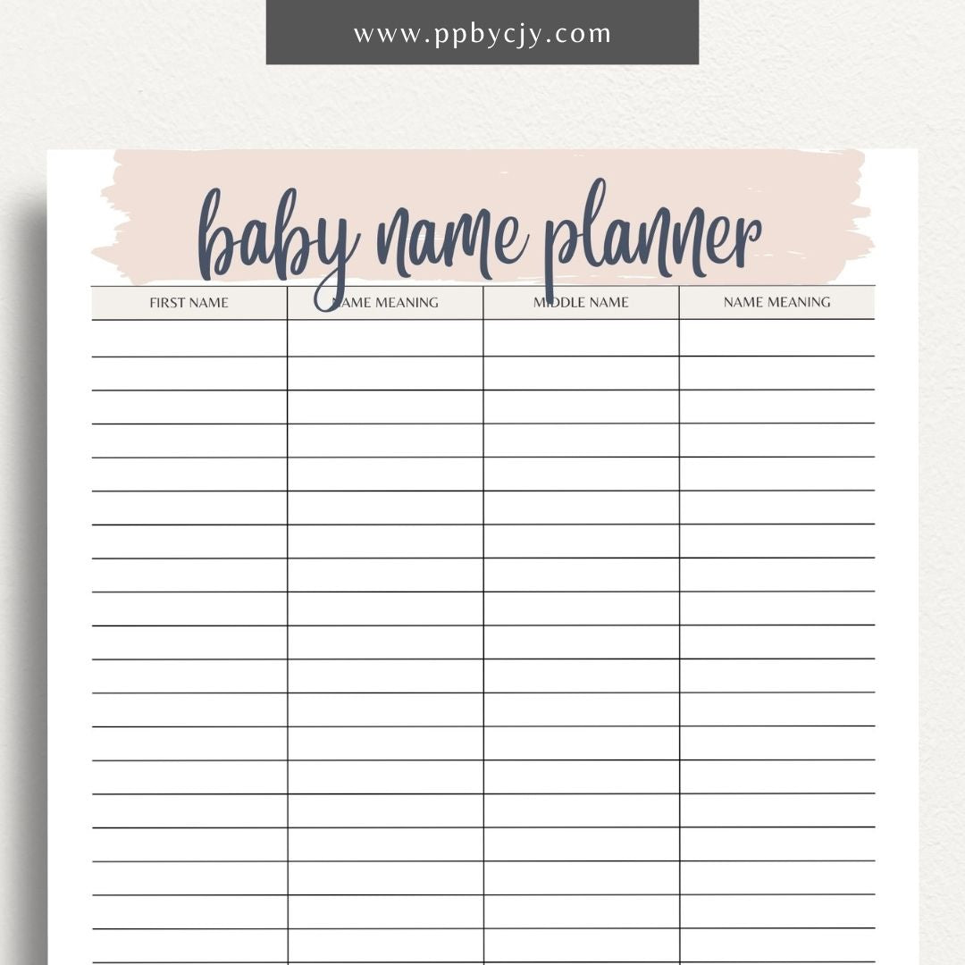 Baby Name Meaning Printable Template – Digital Download for Recording and Displaying the Meanings of Baby Names