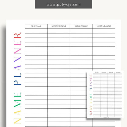 Baby Name Meaning Printable Template – Digital Download for Recording and Displaying the Meanings of Baby Names