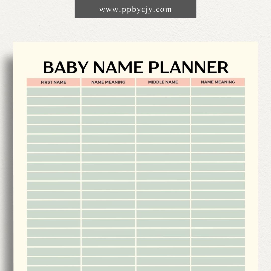 Baby Name Meaning Printable Template – Digital Download for Recording and Displaying the Meanings of Baby Names