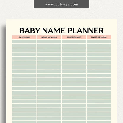 Baby Name Meaning Printable Template – Digital Download for Recording and Displaying the Meanings of Baby Names