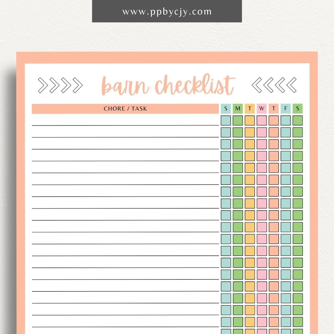 printable template page with columns and rows related to farm barn stall cleaning