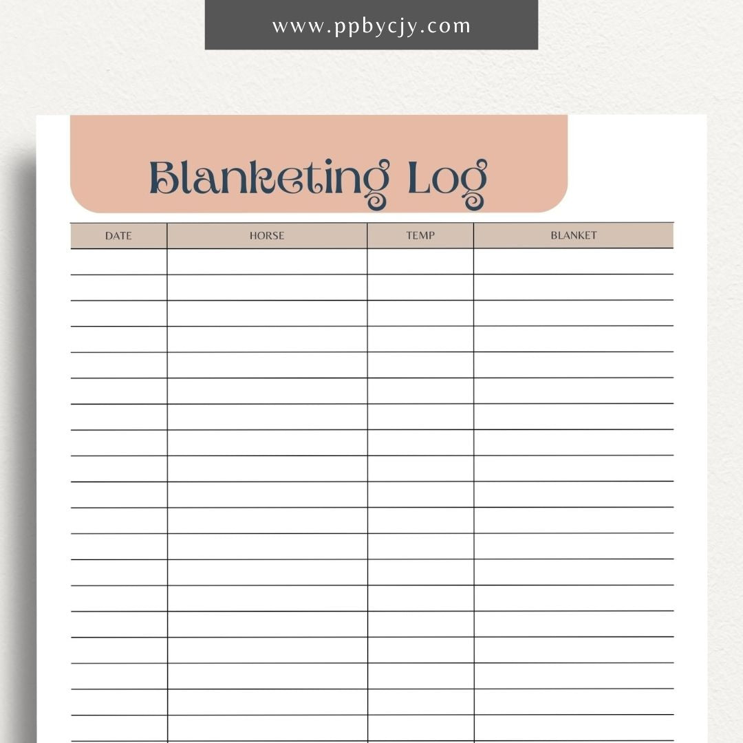 Equine Blanketing Log Printable Template – Digital Download for Tracking Horse Blanketing with sections for dates, blanket types, temperatures, and notes.