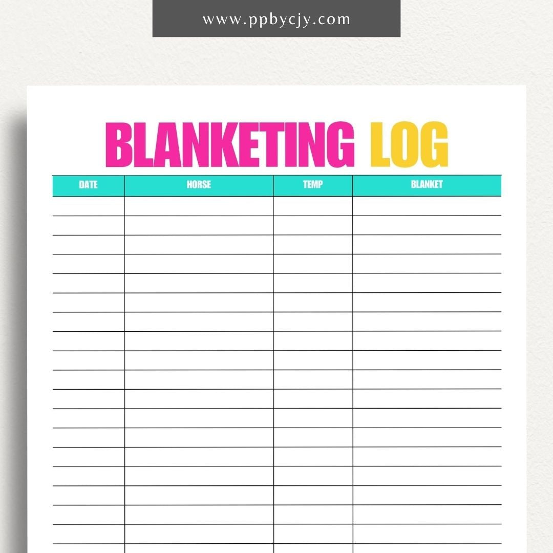 Equine Blanketing Log Printable Template – Digital Download for Tracking Horse Blanketing with sections for dates, blanket types, temperatures, and notes.