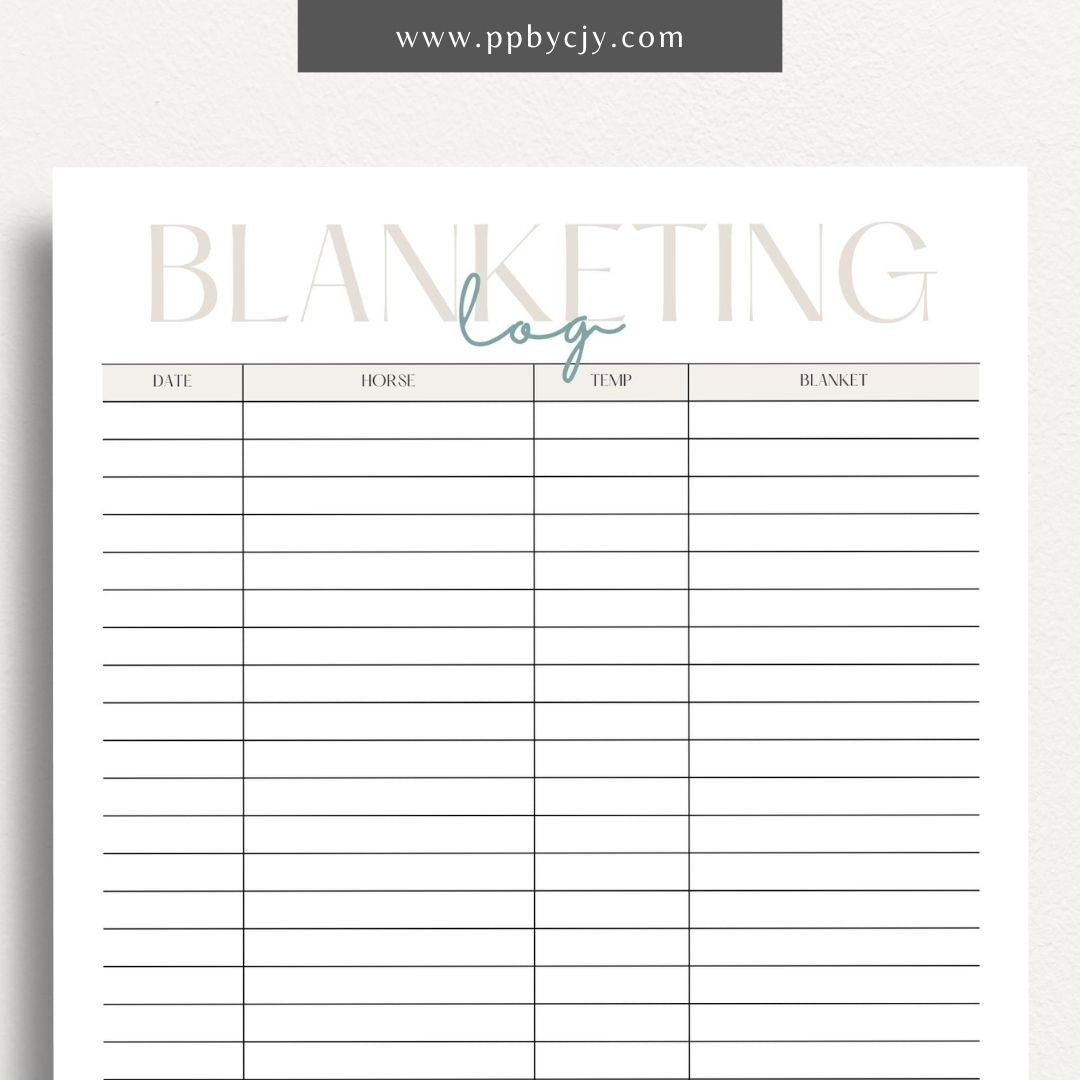 Equine Blanketing Log Printable Template – Digital Download for Tracking Horse Blanketing with sections for dates, blanket types, temperatures, and notes.