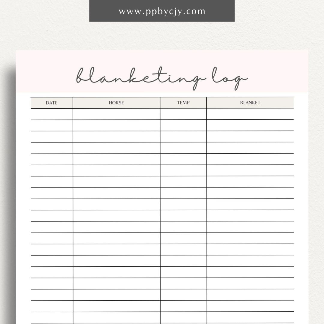 Equine Blanketing Log Printable Template – Digital Download for Tracking Horse Blanketing with sections for dates, blanket types, temperatures, and notes.