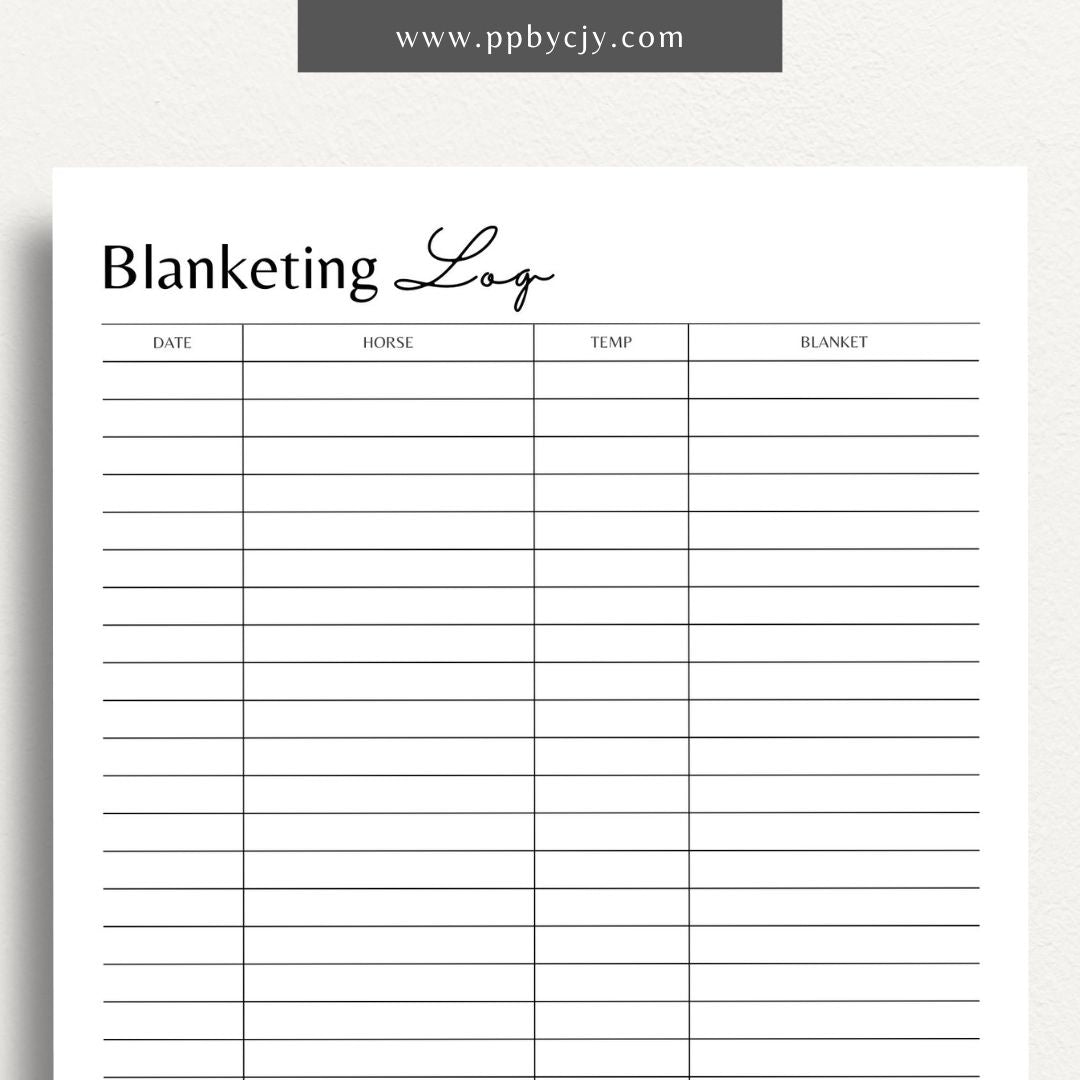 Equine Blanketing Log Printable Template – Digital Download for Tracking Horse Blanketing with sections for dates, blanket types, temperatures, and notes.