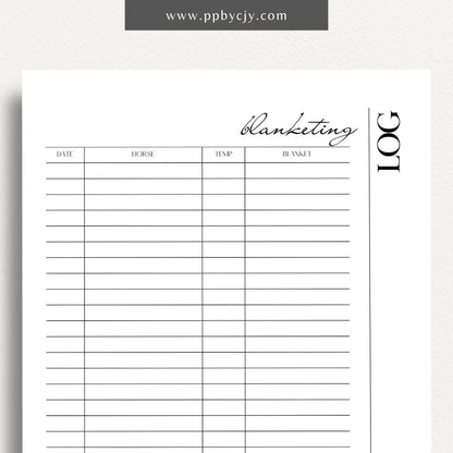 Equine Blanketing Log Printable Template – Digital Download for Tracking Horse Blanketing with sections for dates, blanket types, temperatures, and notes.