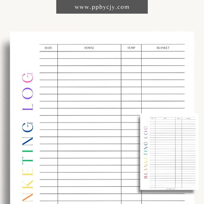 Equine Blanketing Log Printable Template – Digital Download for Tracking Horse Blanketing with sections for dates, blanket types, temperatures, and notes.