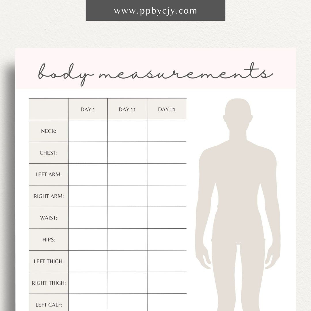 printable template page with columns and rows related to body measurements