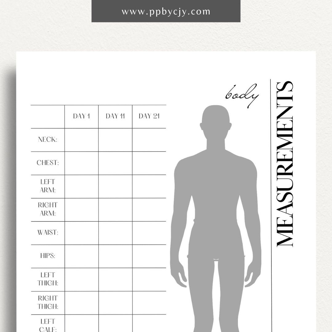 printable template page with columns and rows related to body measurements