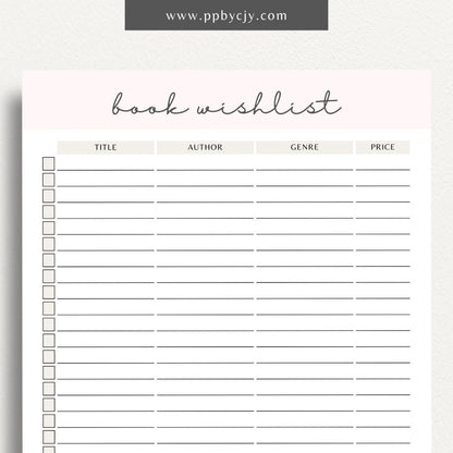 Book Reading Wish List Printable Template – Digital Download for Tracking and Organizing Books You Want to Read