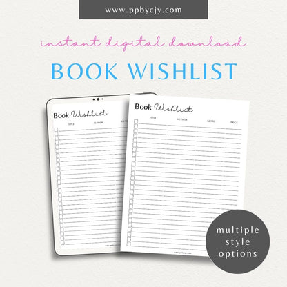 Book Reading Wish List Printable Template – Digital Download for Tracking and Organizing Books You Want to Read