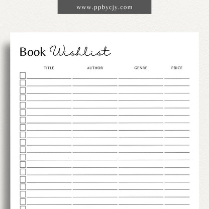 Book Reading Wish List Printable Template – Digital Download for Tracking and Organizing Books You Want to Read
