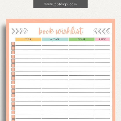 Book Reading Wish List Printable Template – Digital Download for Tracking and Organizing Books You Want to Read