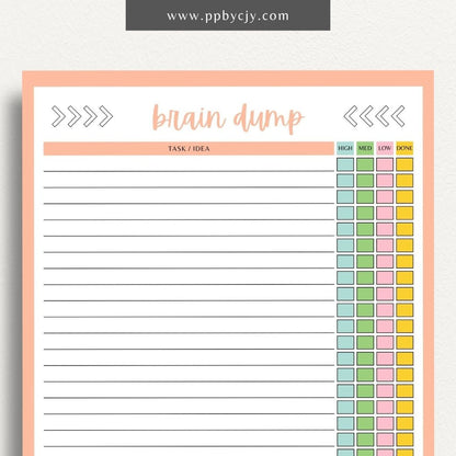 printable template page with columns and rows related to brain dump to do list