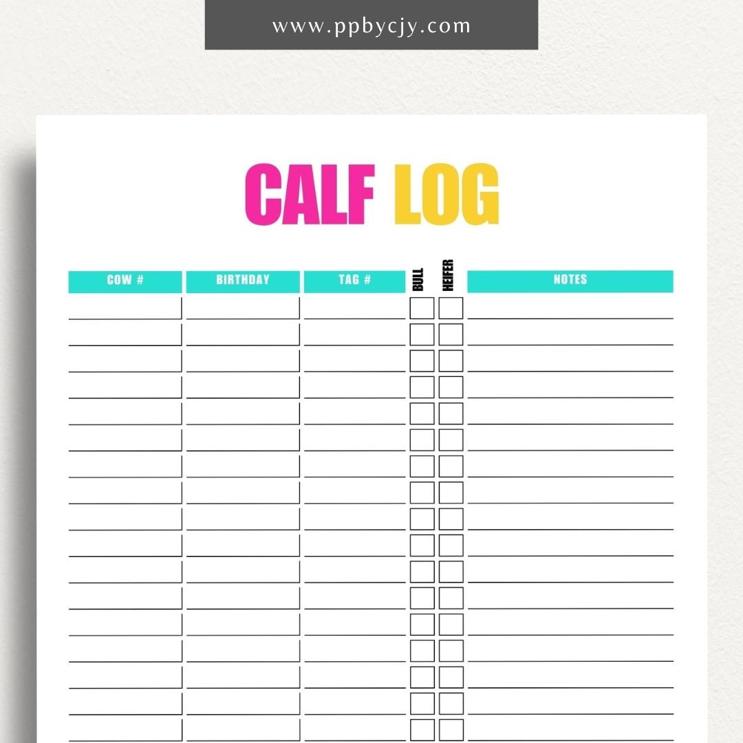 Livestock Calf Log Printable Template – Digital download for recording and tracking details about calves, including birth information, health, and growth milestones.