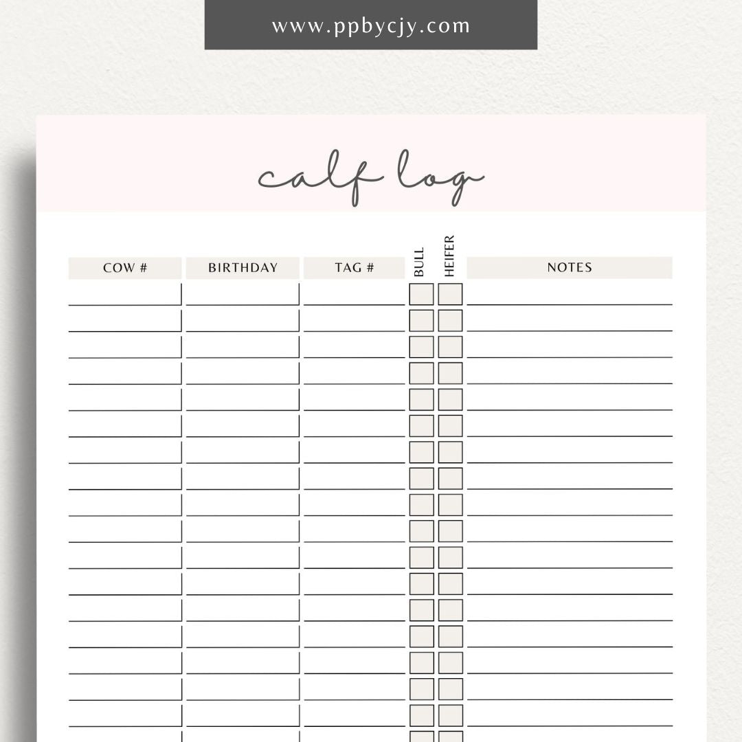 Livestock Calf Log Printable Template – Digital download for recording and tracking details about calves, including birth information, health, and growth milestones.