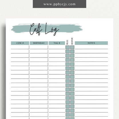 Livestock Calf Log Printable Template – Digital download for recording and tracking details about calves, including birth information, health, and growth milestones.