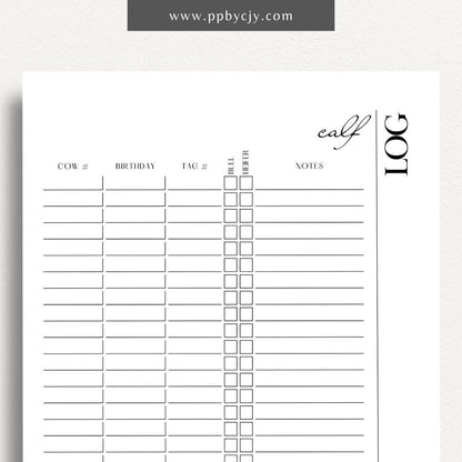 Livestock Calf Log Printable Template – Digital download for recording and tracking details about calves, including birth information, health, and growth milestones.