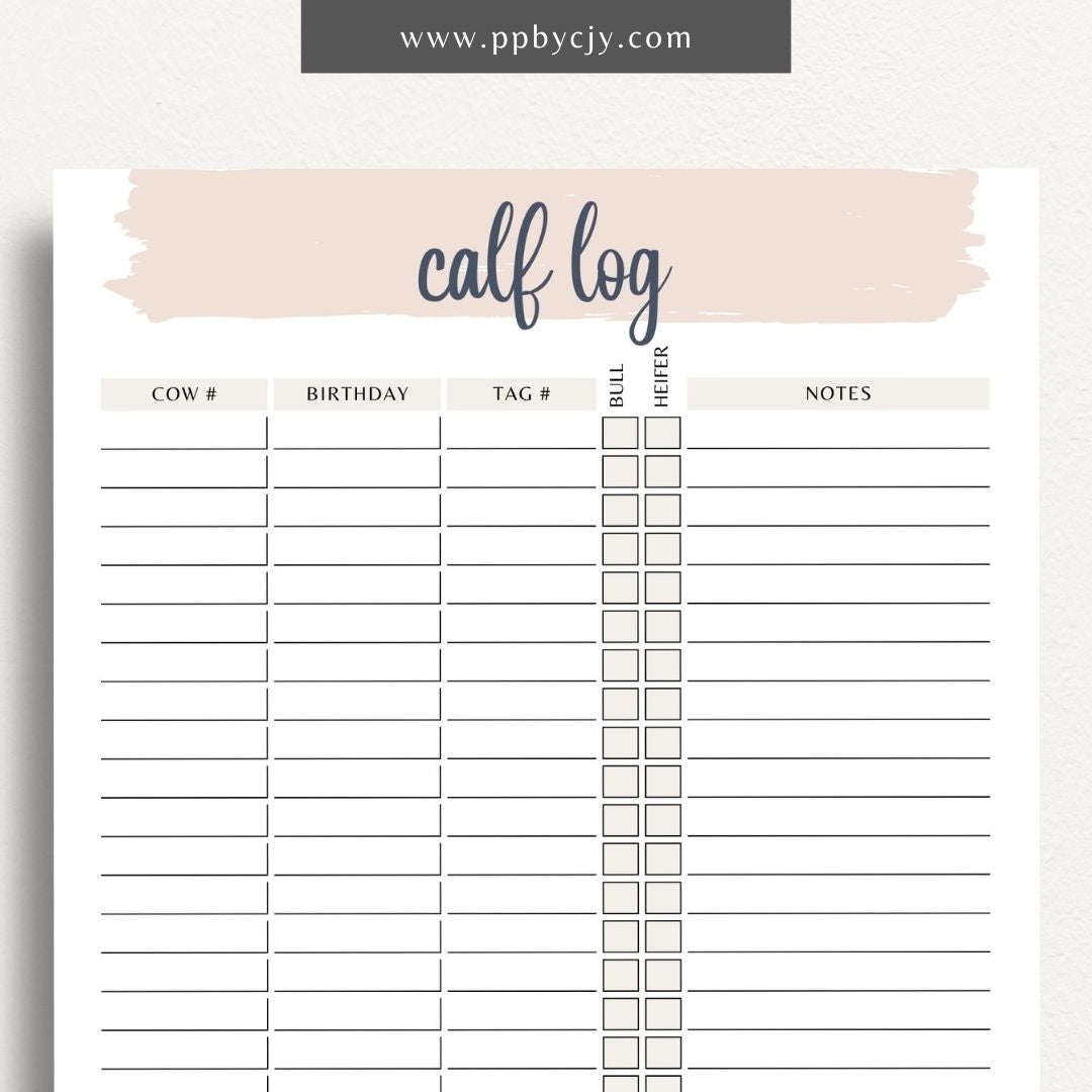 Livestock Calf Log Printable Template – Digital download for recording and tracking details about calves, including birth information, health, and growth milestones.