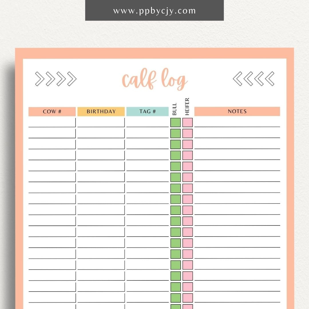 Livestock Calf Log Printable Template – Digital download for recording and tracking details about calves, including birth information, health, and growth milestones.