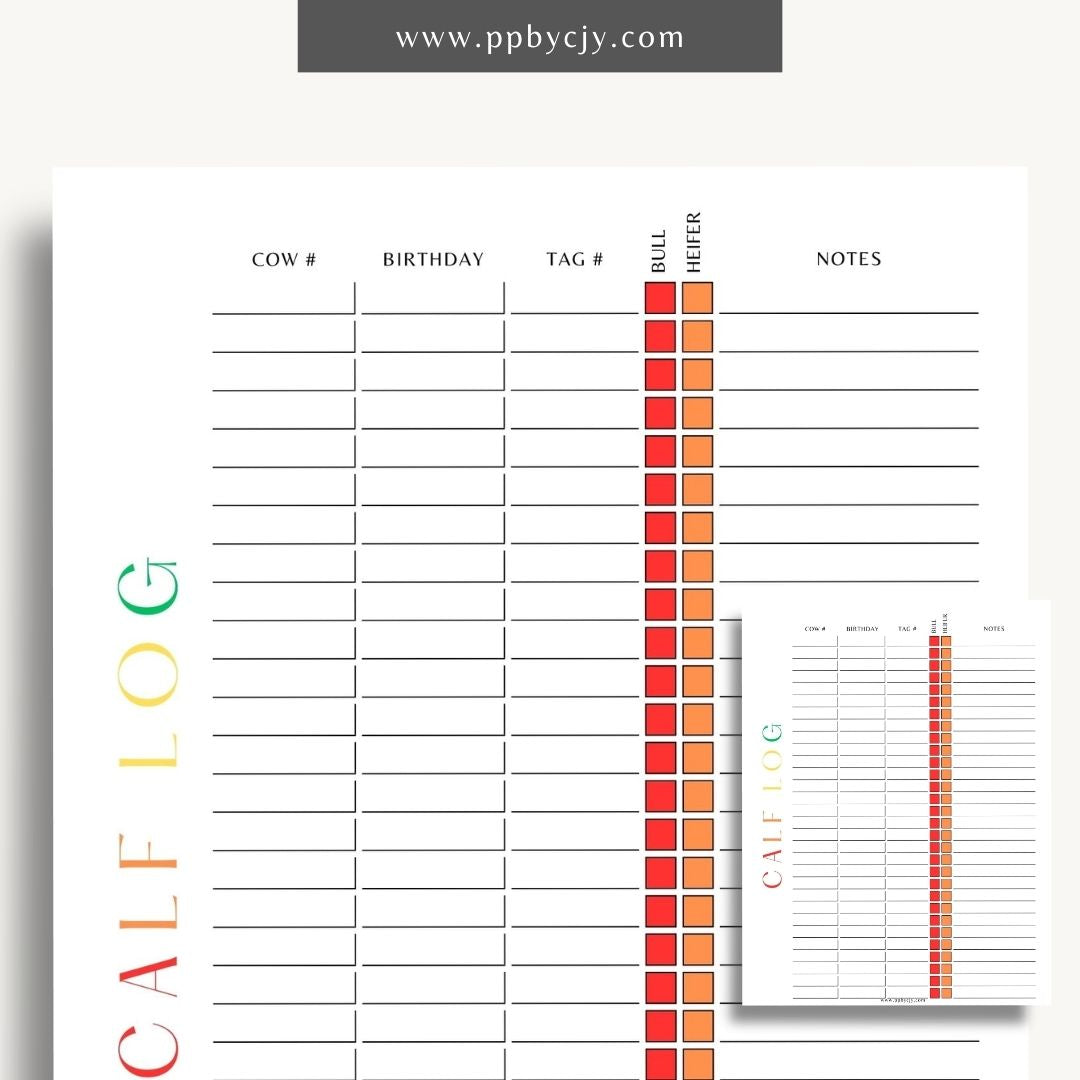 Livestock Calf Log Printable Template – Digital download for recording and tracking details about calves, including birth information, health, and growth milestones.