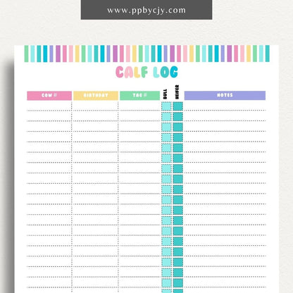 Livestock Calf Log Printable Template – Digital download for recording and tracking details about calves, including birth information, health, and growth milestones.