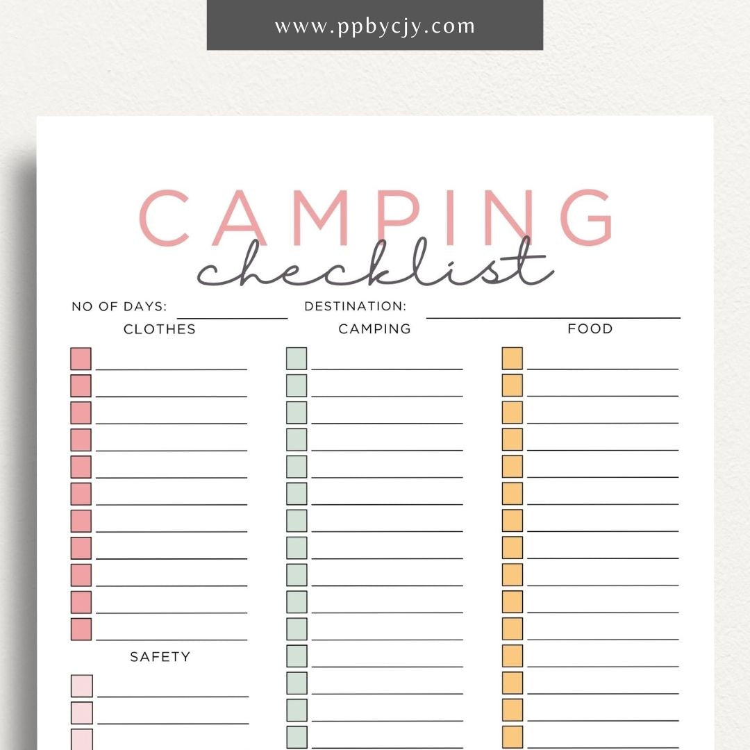 printable template page with columns and rows related to tent camping packing