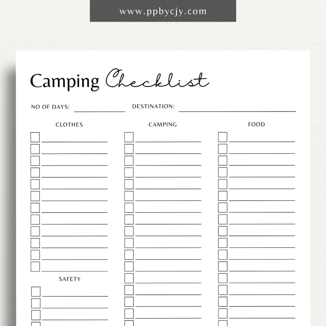 printable template page with columns and rows related to tent camping packing