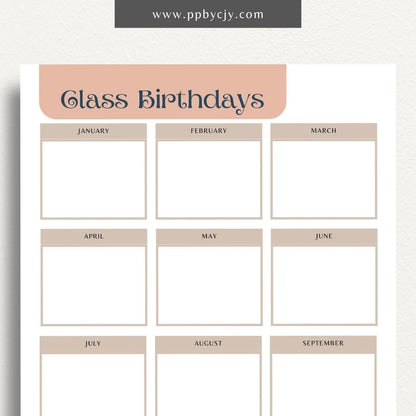 Class Birthday Reminder List Printable Template – Digital Download for Tracking and Remembering Students' Birthdays in Class