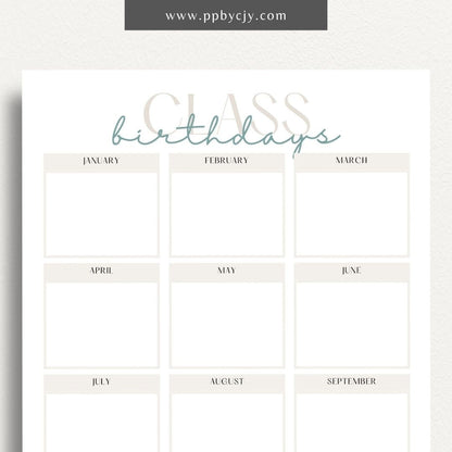 Class Birthday Reminder List Printable Template – Digital Download for Tracking and Remembering Students' Birthdays in Class