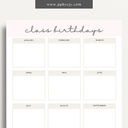 Class Birthday Reminder List Printable Template – Digital Download for Tracking and Remembering Students' Birthdays in Class