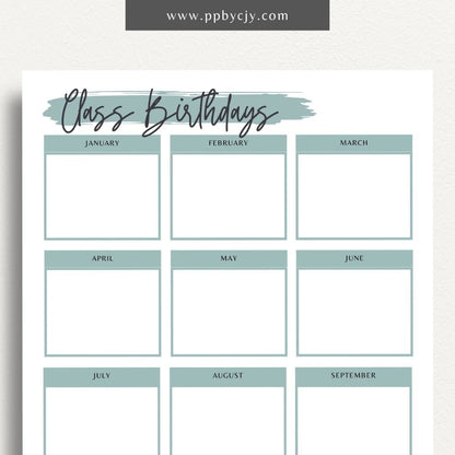 Class Birthday Reminder List Printable Template – Digital Download for Tracking and Remembering Students' Birthdays in Class