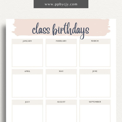 Class Birthday Reminder List Printable Template – Digital Download for Tracking and Remembering Students' Birthdays in Class