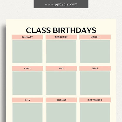 Class Birthday Reminder List Printable Template – Digital Download for Tracking and Remembering Students' Birthdays in Class