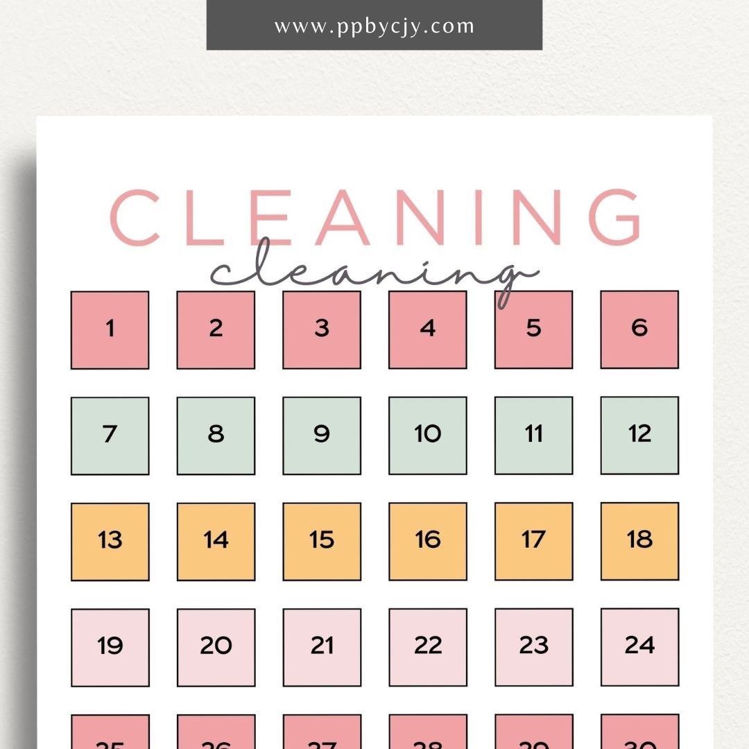 30 Day Cleaning Challenge Printable Template – Digital Download for Organizing and Tracking Daily Cleaning Tasks