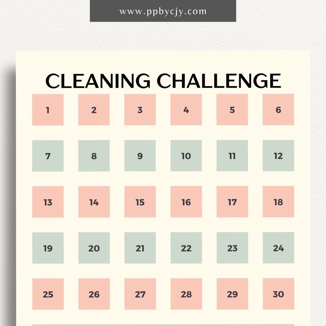 30 Day Cleaning Challenge Printable Template – Digital Download for Organizing and Tracking Daily Cleaning Tasks