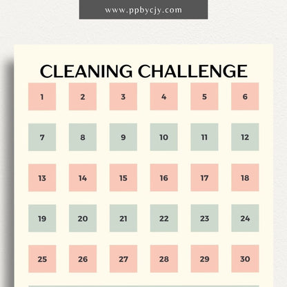 30 Day Cleaning Challenge Printable Template – Digital Download for Organizing and Tracking Daily Cleaning Tasks