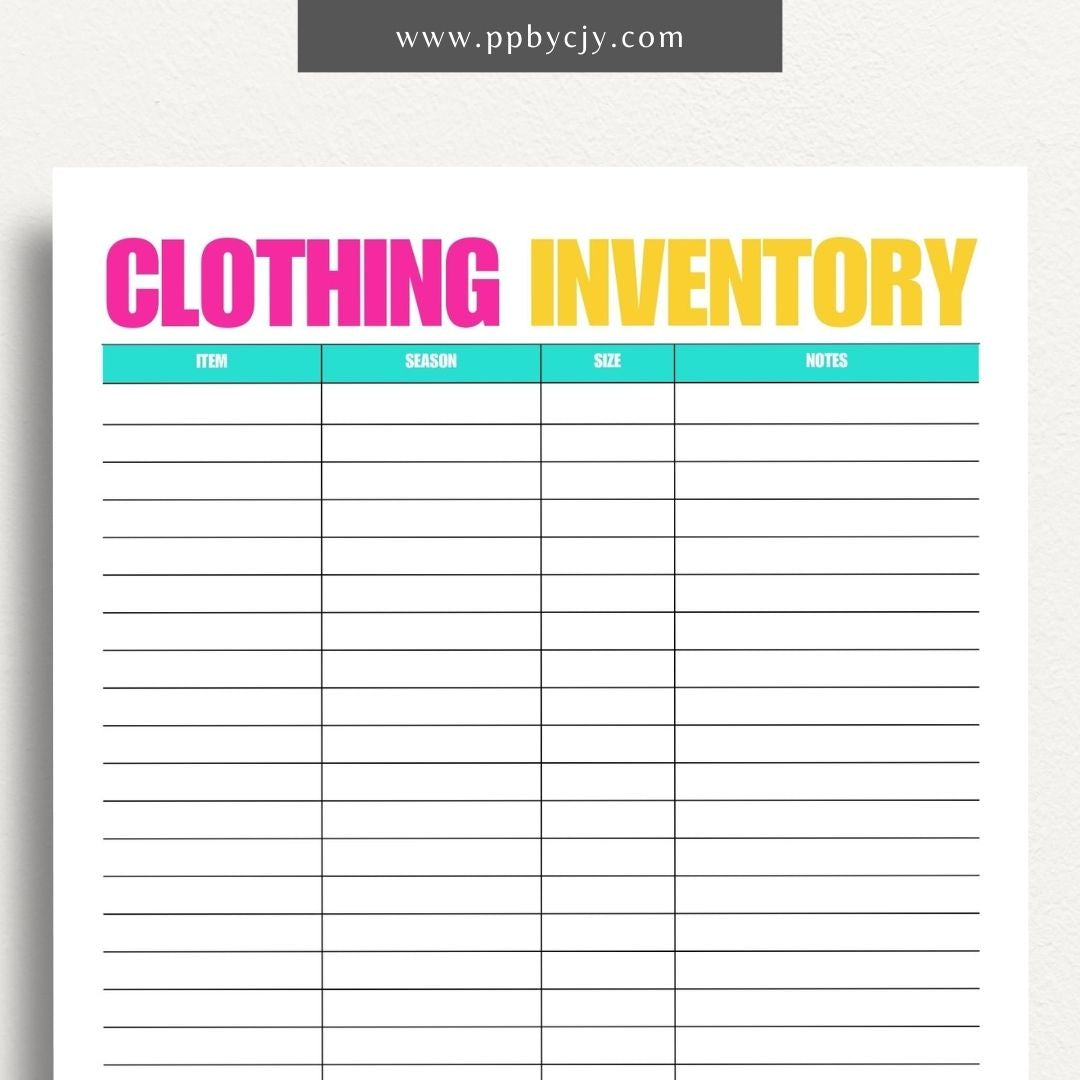Clothing Inventory Printable Template – Digital Download for Tracking and Managing Clothing Items and Stock