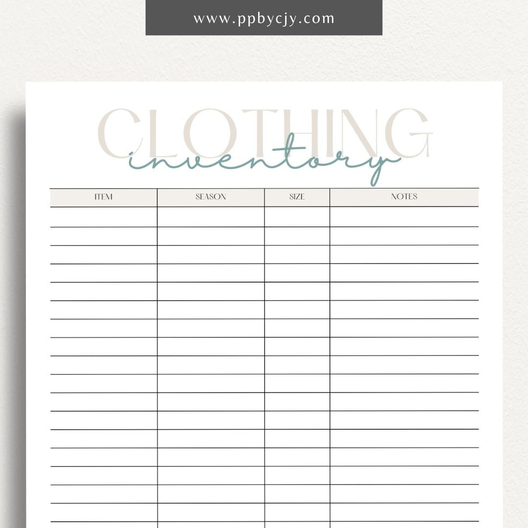 Clothing Inventory Printable Template – Digital Download for Tracking and Managing Clothing Items and Stock