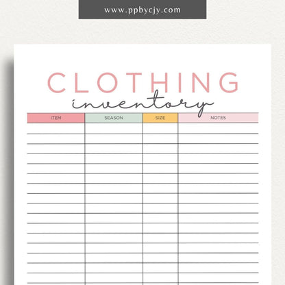 Clothing Inventory Printable Template – Digital Download for Tracking and Managing Clothing Items and Stock